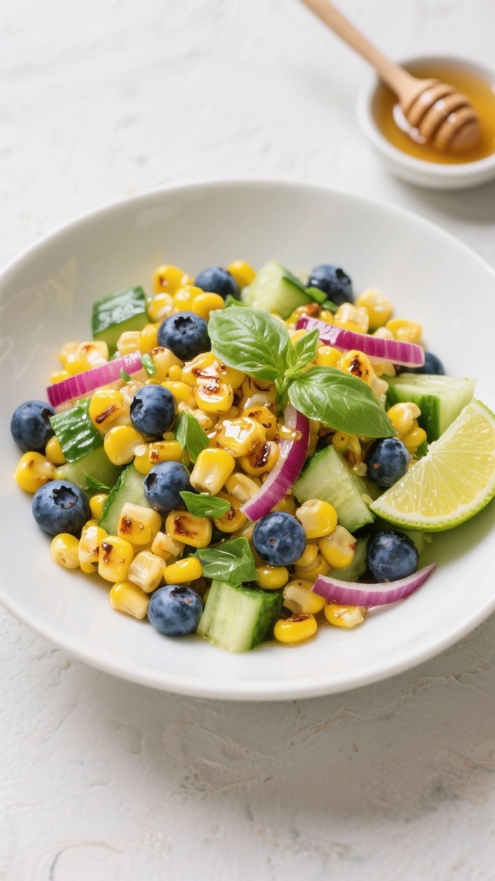 Overhead bright salad bowl: sweet corn kernels (fresh or fire-roasted), blueberries, diced English cucumber, thinly sliced red onion, and chopped fresh basil tossed lightly in a glossy honey-lime dressing; served in a wide, low white bowl to showcase yellow, blue, green, and magenta hues; lime half and honey dipper off to the side.