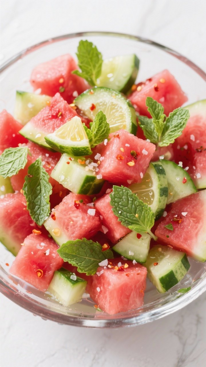 Overhead bright shot of Watermelon, Cucumber, and Mint Salad: ruby watermelon cubes and cucumber half-moons tossed with torn fresh mint leaves, drizzled with lime juice and optional honey, finished with a dusting of chili-lime salt and flaky sea salt; vibrant contrast of red, green, and white, condensation on fruit for refreshing appeal; served in a chilled glass bowl.
