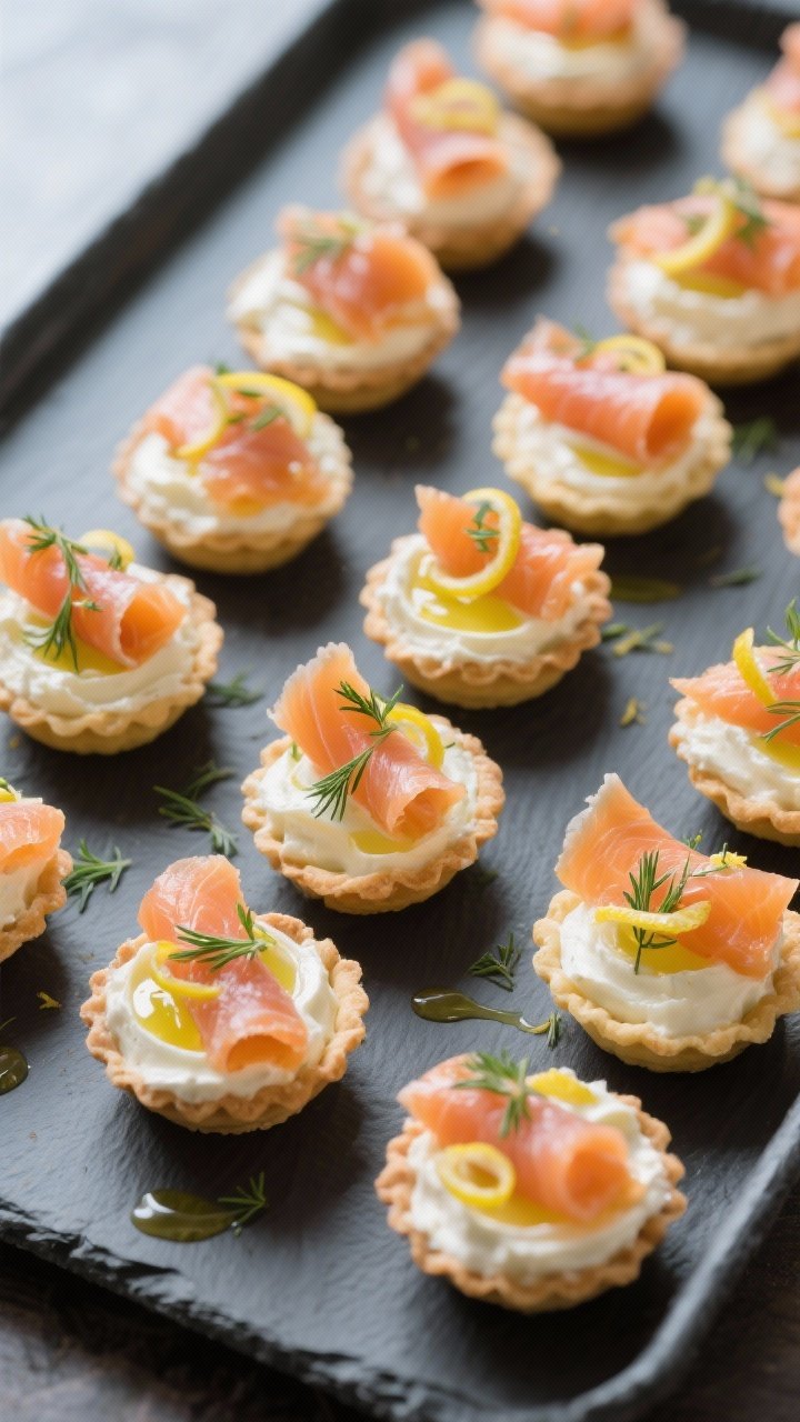 Overhead canapé tray of smoked salmon and dill labneh tartlets: crisp mini tart shells filled with silky labneh blended with olive oil, lemon juice, and zest, topped with folded ribbons of smoked salmon, fine confetti of fresh dill, tiny lemon zest curls, a micro-drizzle of olive oil; arranged in neat rows on slate, cool daylight for a clean, elegant look.