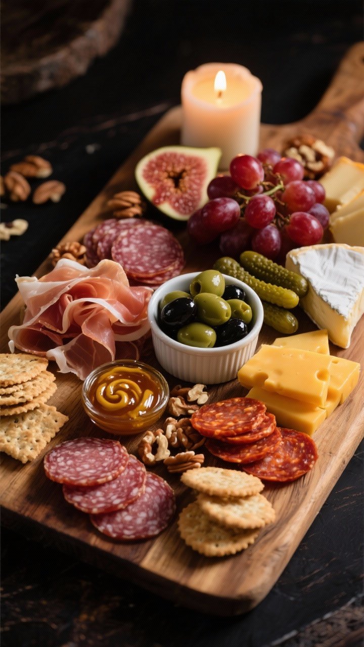 Overhead charcuterie board styled without electric tools: rustic wooden board loaded with prosciutto ribbons, salami coins, chorizo slices; wedges of brie, sharp cheddar, and gouda; a ramekin of mixed green and black olives, a pile of cornichons, whole-grain mustard swirl, honey drips, fig jam, clusters of red grapes, scattered nuts and crackers; soft candlelight highlights and dark moody backdrop.