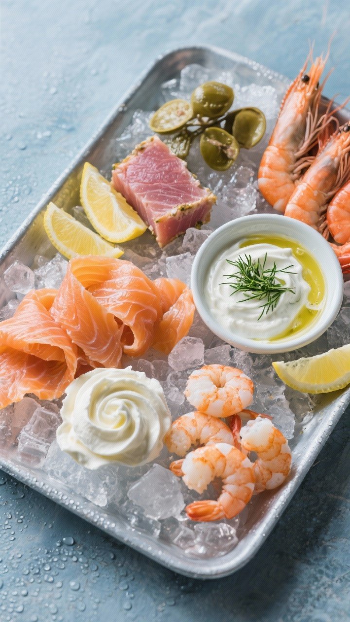 Overhead coastal seafood spread on crushed ice in a shallow tray: silky smoked salmon ribbons, flaked high-quality tuna in olive oil, chilled shrimp cocktail arranged around lemon wedges, swirls of cream cheese and a bowl of herbed dill-lemon yogurt dip; cool blue-gray tones, condensation and freshness visible, clean and modern styling.