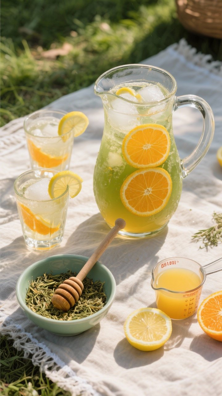 Overhead composition of citrus iced herbal mate in a clear pitcher, light amber-green with floating frozen orange wheel slices acting as ice; smaller glasses garnished with lemon twist; yerba mate gourd or loose mate in a bowl, honey dripper, measuring cup with lemon and orange juice; cool picnic scene on a linen cloth, emphasizing clarity, citrus freshness, and chill.