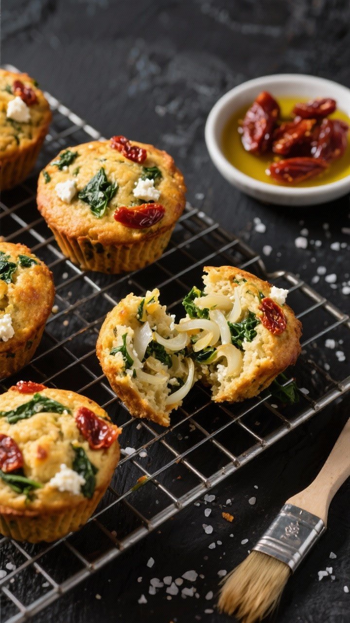 Overhead cooling rack shot of savory breakfast muffins: golden tops studded with spinach, sun-dried tomatoes, and feta; interior crumb visible in one torn muffin showing sautéed onion and leafy greens; a small bowl of sun-dried tomatoes in oil, a brush of olive oil sheen, and flecks of kosher salt on a dark backdrop.