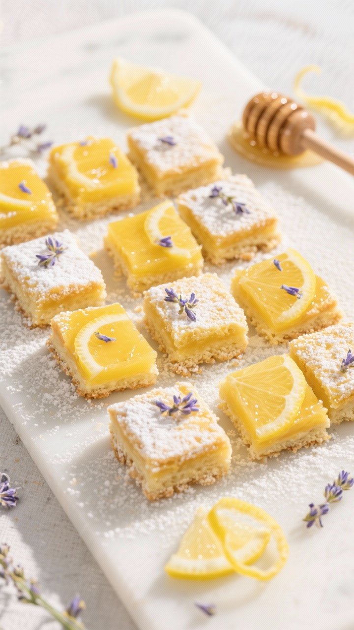 Overhead dessert board of honey-lavender lemon bars: neat squares with buttery shortbread base and vibrant lemon filling infused with honey and a hint of culinary lavender; light dusting of powdered sugar, tiny lavender buds sprinkled sparingly; lemon zest curls and a small honey dipper on the side; clean, bright, sunlit styling.