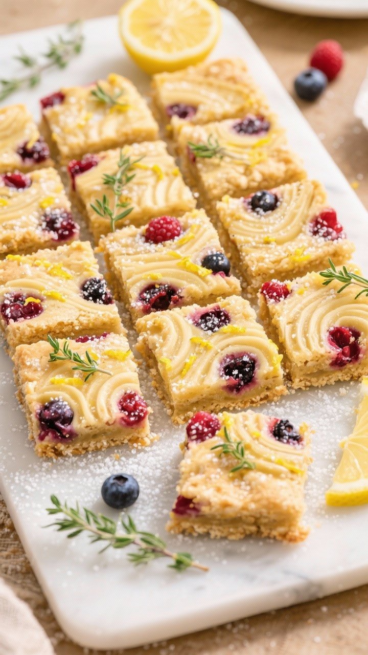 Overhead dessert board of Lemon-Thyme Berry Bars cut into neat squares: golden buttery bars with visible lemon zest and fresh thyme leaves in the crumb, swirled and studded with mixed berries; a fine dusting of sugar, thyme sprigs scattered, and a zested lemon nearby; clean edges, vibrant berry jewel tones.