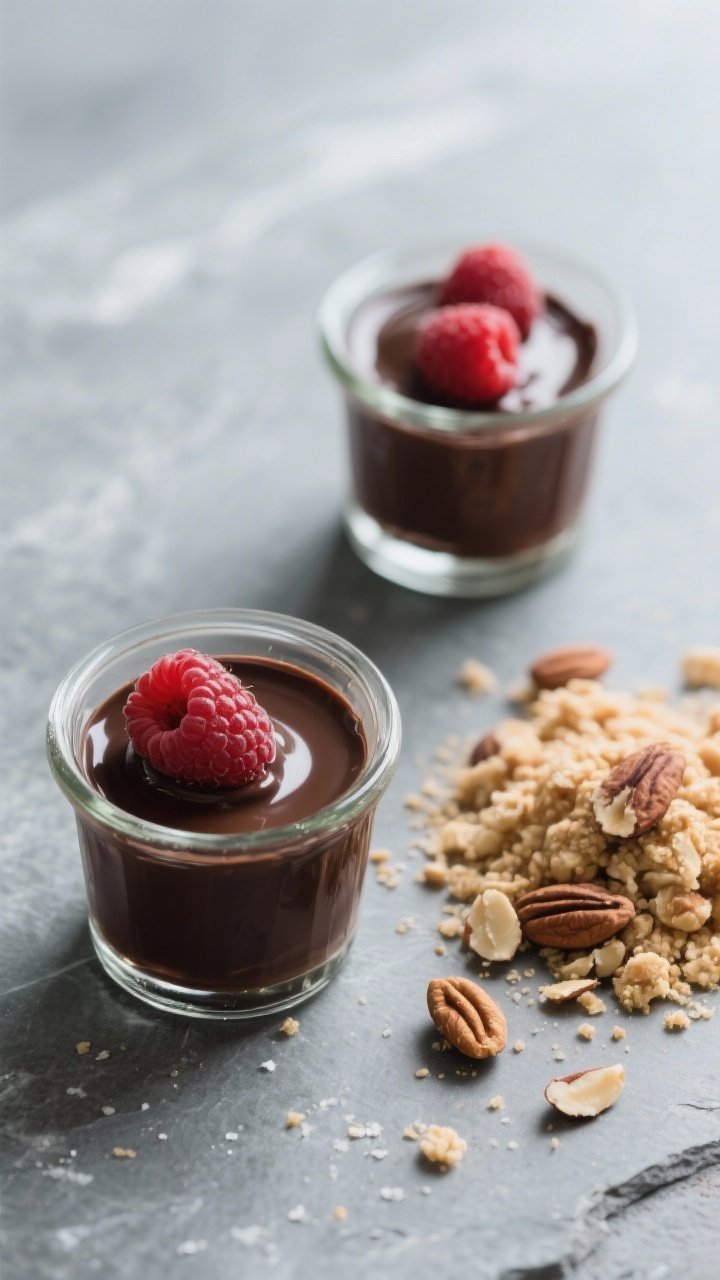 Overhead dessert duo: small glass pots filled with glossy dark chocolate (60–70%) ganache set, topped with fresh raspberries; side dish of almond crumble with visible toasted nut pieces; a few crumbs scattered artfully, vanilla and pinch-of-salt richness implied; minimalist styling on a cool stone surface, romantic sweet-ending atmosphere.