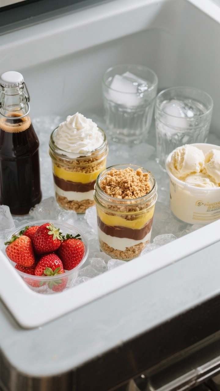 Overhead dessert-first cooler with icebox treats: mason jar parfaits layered with crushed graham/Biscoff crumbs, lemon curd or chocolate pudding, and soft peaks of whipped cream; a pint of strawberries and a pint of vanilla ice cream on ice, plus a cold brew coffee bottle and two glasses with clinking ice; glossy, indulgent textures, cool tones, irresistible dessert focus.
