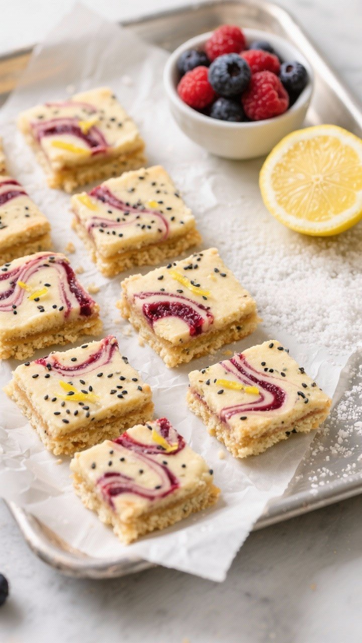 Overhead dessert tray of Lemon-Poppy Seed Shortbread Bars with Berry Swirl: neat squares showing buttery crumb, poppy seeds speckled throughout, bright lemon zest notes, and marbled berry swirl on top; a small bowl of fresh berries and a lemon nearby, a dusting of sugar crumbs on parchment, cool natural light highlighting texture.