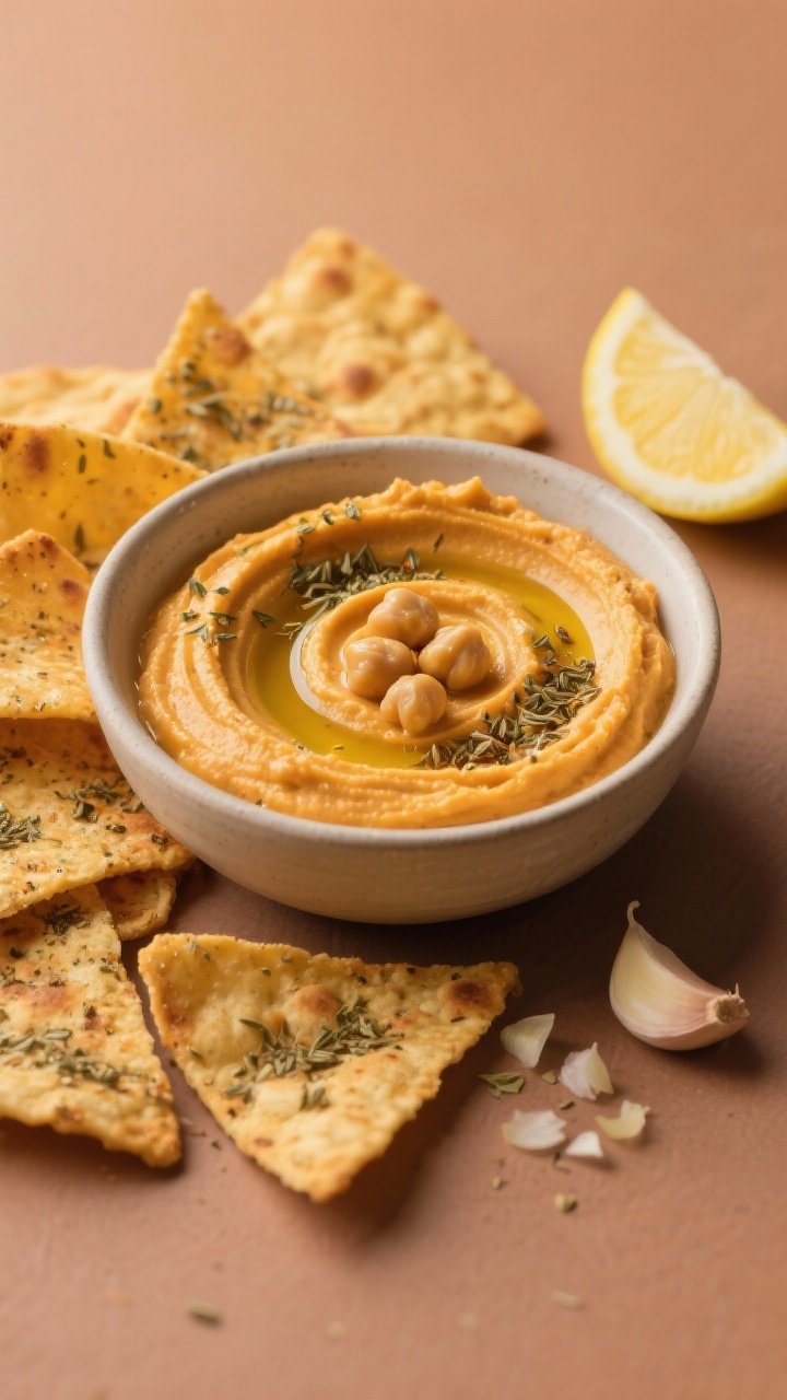 Overhead dip-and-chips scene: a low bowl of creamy pumpkin hummus swirled with olive oil, sprinkled with za’atar and ground cumin, topped with a few whole chickpeas; surrounded by golden homemade pita chips dusted generously with za’atar; lemon wedge and minced garlic clove nearby, warm matte backdrop.