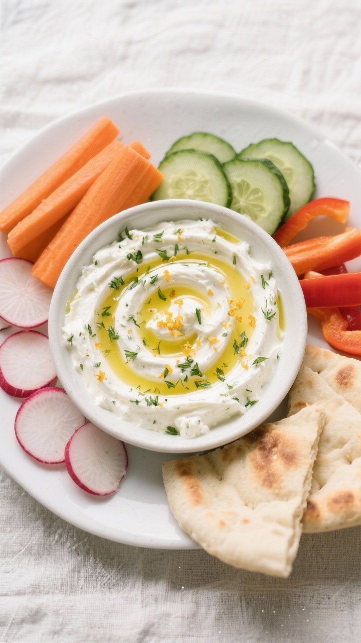 Overhead dip-and-crudités spread: herby whipped feta in a shallow bowl (feta, Greek yogurt, olive oil, lemon juice, lemon zest, grated garlic) swirled creamy with olive oil drizzle and extra zest; surrounded by crisp crudités (carrot sticks, cucumber rounds, radishes, bell pepper strips) and a few pita wedges; cool white plateware on a textured linen.