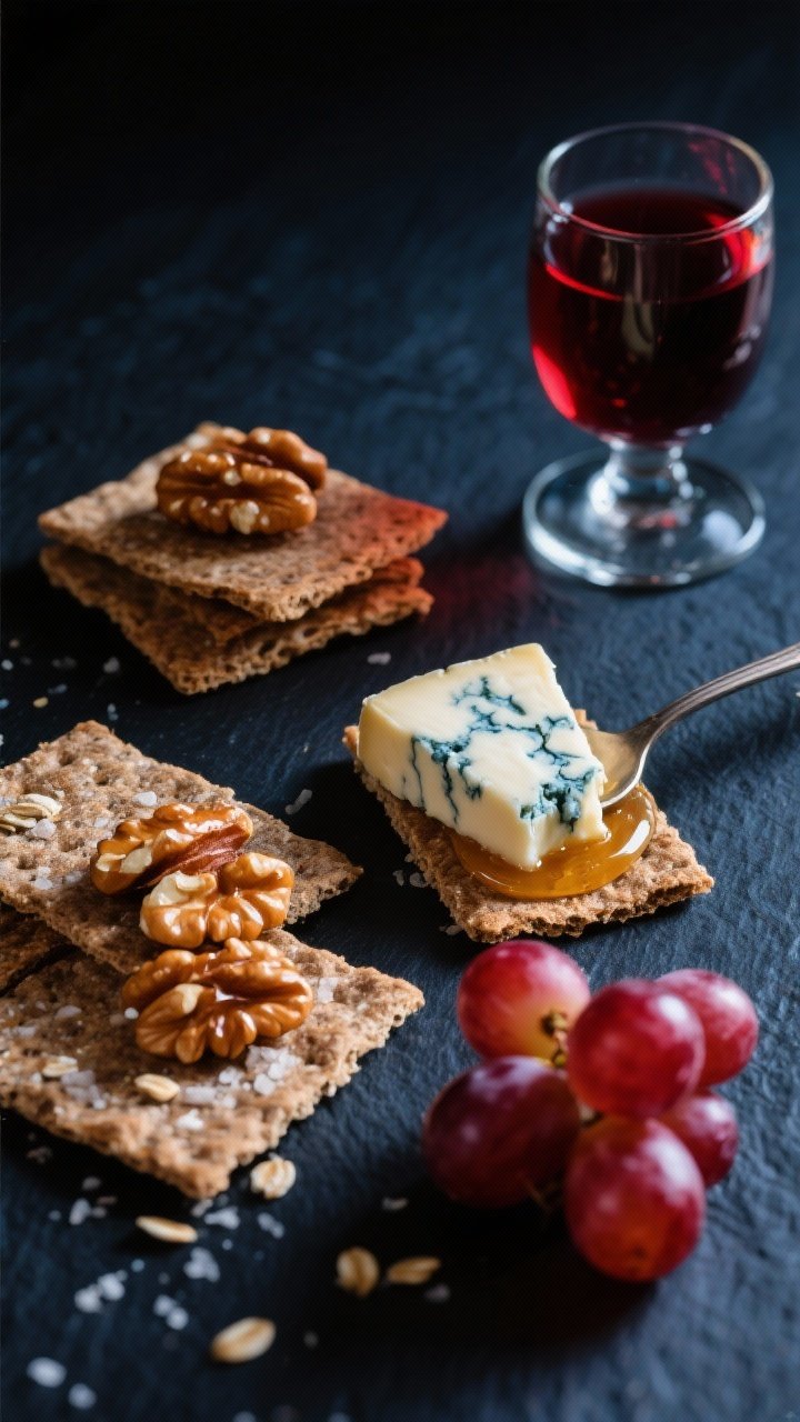 Overhead dramatic contrast: mild blue cheese (Gorgonzola Dolce) spooned onto rye crisps and oat crackers, honeyed walnuts (walnut halves tossed with honey and a pinch of sea salt) glistening and clustered, a small bunch of seedless red grapes tucked into the corner; a tiny drizzle of honey over creamy blue veins; Port in a small stemmed glass casting a ruby reflection; dark slate, low-key lighting to enhance blues, ambers, and reds.