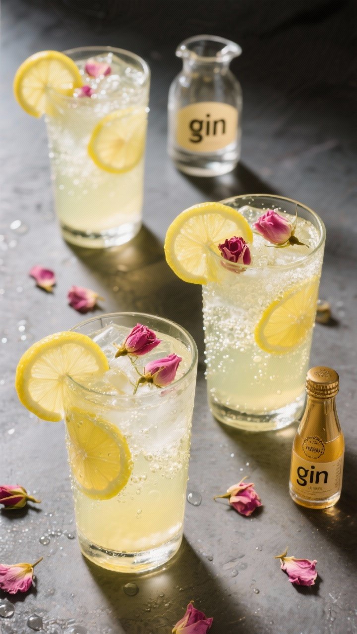Overhead drink styling of rose petal lemonade spritz: highball glasses filled with ice, pale yellow lemonade made from fresh lemon juice and honey/simple syrup, topped with sparkling water; a whisper of rose water aromatics, garnished with lemon wheels and edible rose petals; optional version shown with a small carafe labeled “gin” and a chilled mini bottle of prosecco; effervescent bubbles captured.