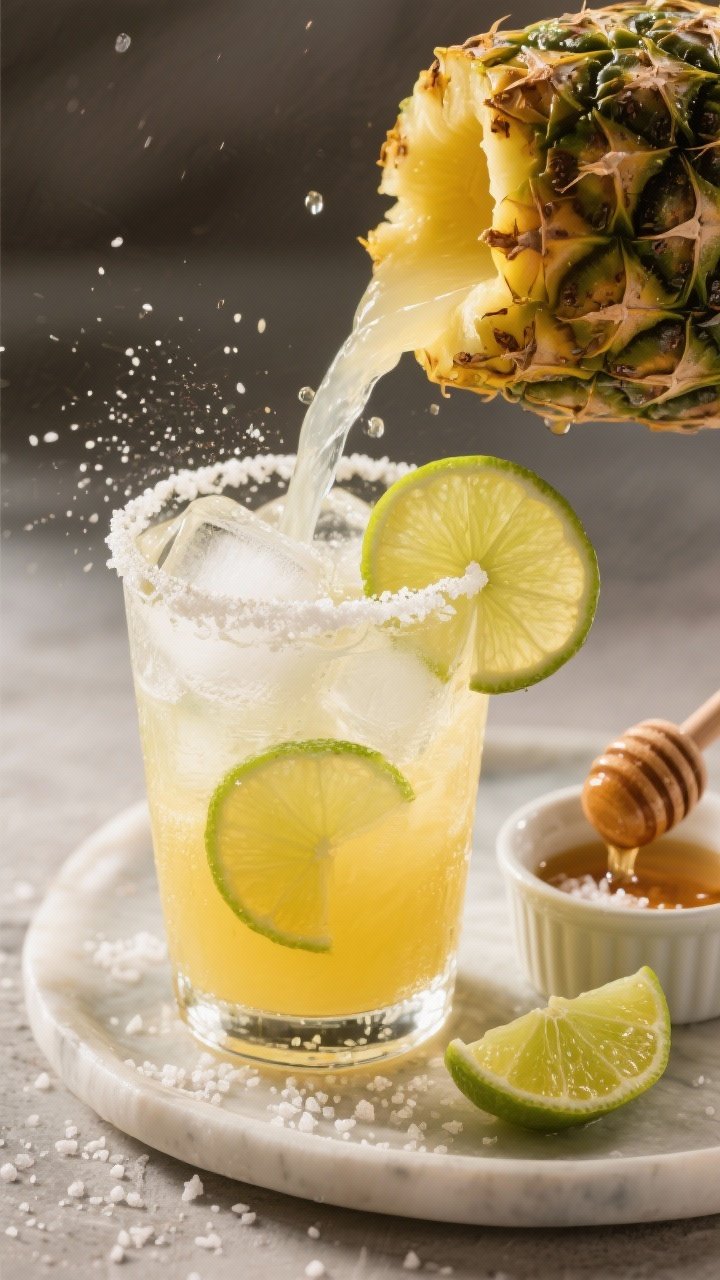 Overhead dynamic pour shot of pineapple lime electrolyte refresher into a salt-rimmed tumbler packed with salted ice cubes; golden pineapple hue with a hint of cloudiness from coconut water, lime wheels tucked inside the glass; fine sea salt pinch in a ramekin, honey/maple dripper, and a halved lime; tropical energy with sharp highlights and cool condensation.