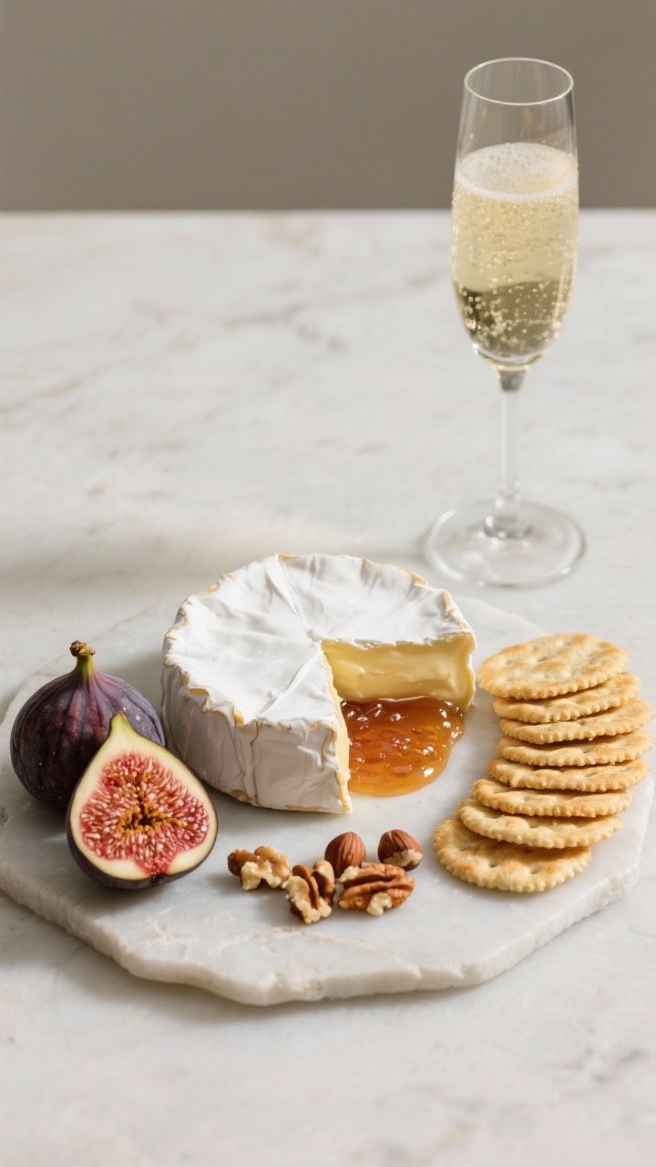Overhead elegant minimalism: a wedge of triple-cream cheese (Brillat-Savarin/Saint André/Mt Tam) with a gently collapsing creamy edge, a glossy dollop of fig jam beside it, toasted roughly chopped hazelnuts sprinkled, buttery crackers fanned in a perfect arc, a few fresh figs halved to reveal their jewel-toned interiors when in season; slender flute of Prosecco with fine bubbles; pale stone surface, chic uncluttered styling.