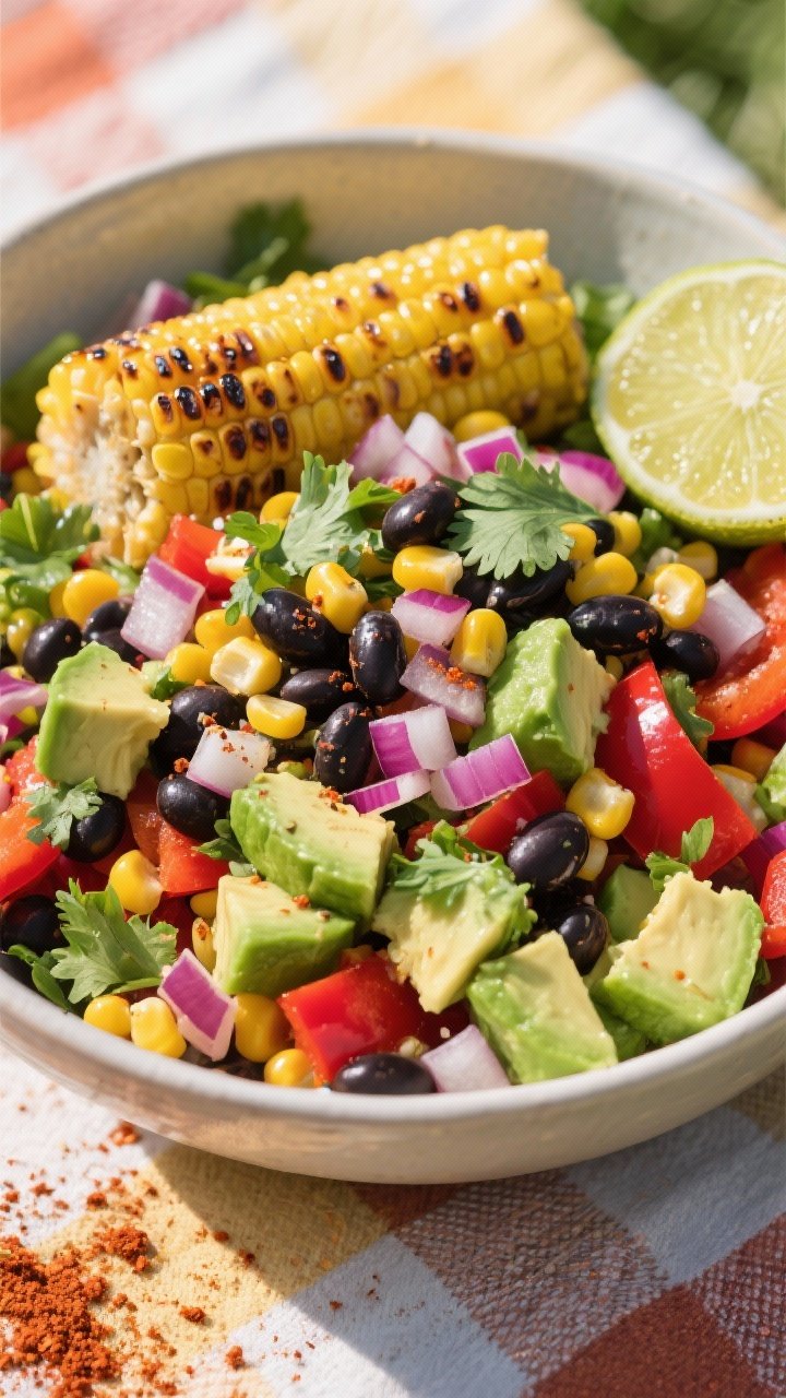 Overhead fiesta salad in a large low bowl: smoky corn kernels (char marks visible), black beans, diced avocado, finely chopped red onions, and red bell pepper, tossed and dotted with cilantro; lime wedges nearby; light dusting of chili powder to suggest smokiness; bright, sunlit picnic mood with vibrant yellow, black, green, and red contrast, creamy avocado cubes intact.