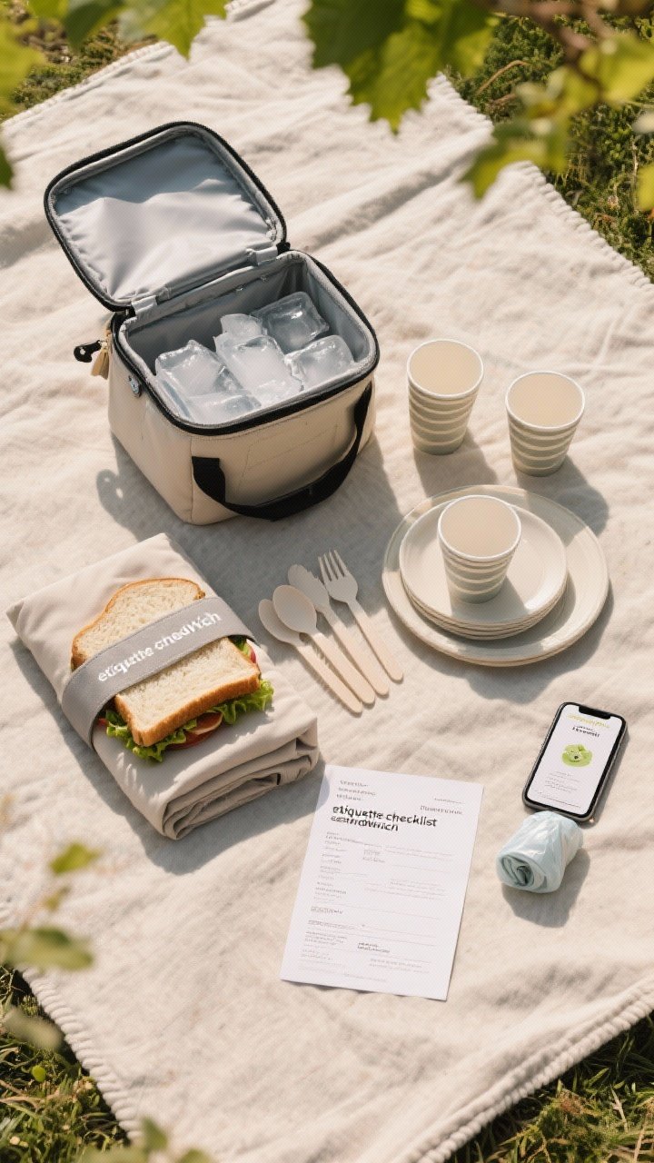 Overhead flat lay “etiquette checklist sandwich” kit: a compact picnic blanket neatly folded, reusable cups/plates/utensils set, a soft cooler partially unzipped with ice packs visible, a printed reservation confirmation or phone screen mock-up, and a small trash bag roll; arranged like a mise en place on a neutral canvas cloth; clean, organized, vineyard-friendly mood.