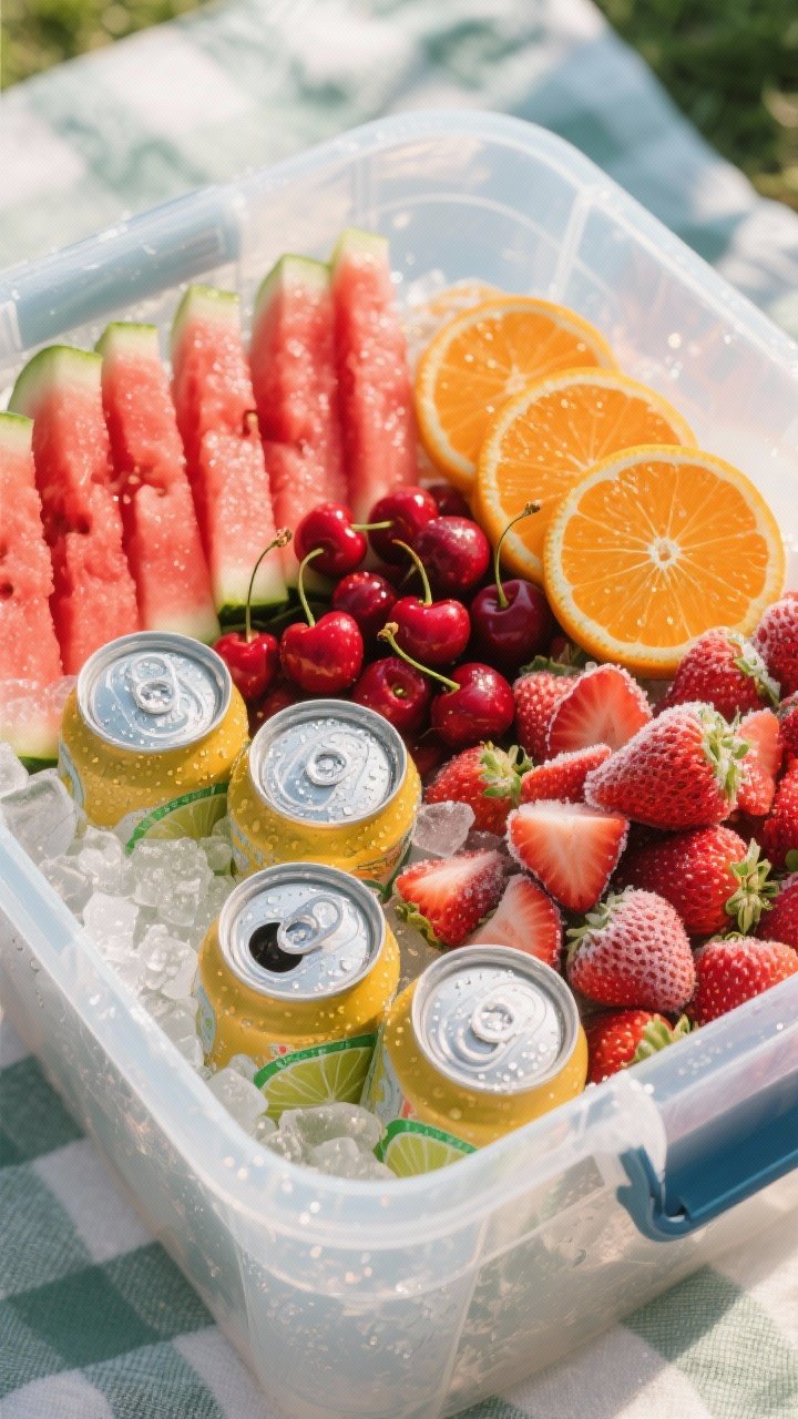 Overhead flat lay of a clear picnic cooler tub packed with summer fruit & fizz: seedless watermelon sticks lined up, chilled cherries with stems, orange wheels fanned, hulled strawberries piled, and four frosty lemon-lime seltzer cans nestled in crushed ice; condensation beads on cans, bright red and orange hues pop against the icy translucence, sunlit outdoor vibe, no people, professional crisp focus.