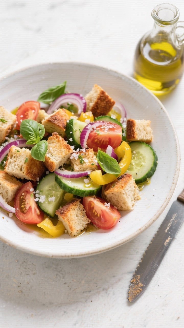 Overhead flat lay of a crunchy garden panzanella in a wide white ceramic bowl: 1-inch toasted rustic bread cubes with olive oil, ripe tomato wedges, cucumber half-moons, thin red onion slices, and yellow bell pepper pieces; scattered basil leaves, a glisten of vinaigrette, and flaky salt; bread visibly crisp to emphasize “won’t go mushy”; styled with a small carafe of olive oil and a serrated bread knife nearby.