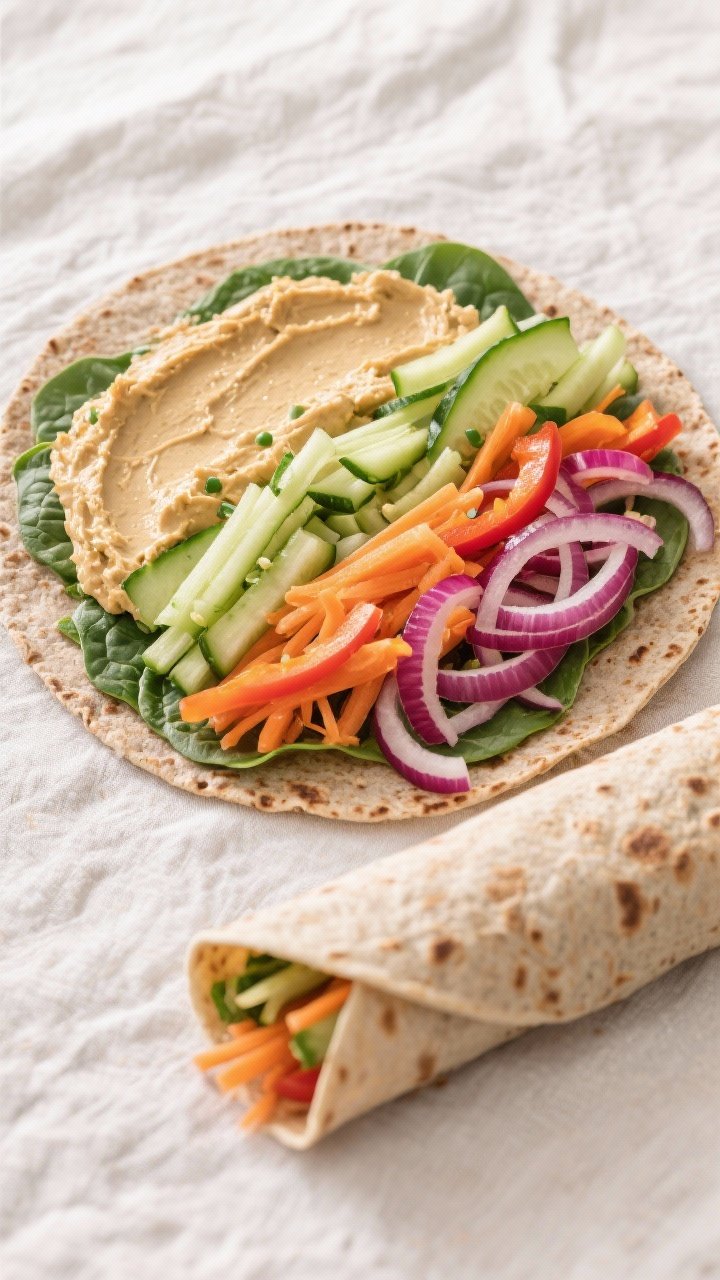 Overhead flat lay of a crunchy veggie hummus wrap assembly: whole-wheat and spinach tortillas laid out with thick hummus spread edge-to-edge, neat piles of matchsticked cucumber (seeds removed), thin bell pepper strips, shredded carrots, and a tangle of quick-pickled red onions; one wrap partially rolled to show layers and crunch; bright, fresh colors on a light linen, minimal props, emphasis on crisp vegetables and creamy hummus.
