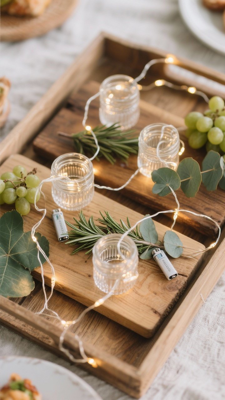 Overhead flat lay of a flameless fairy light picnic tray centerpiece: 1–2 sturdy wooden boards topped with 2–3 strands of warm white battery fairy lights loosely woven through 2–3 small clear containers; sprigs of fresh eucalyptus, rosemary, and grape leaves tucked around the lights; batteries discreet, warm cozy glow on natural wood, clean minimal styling.