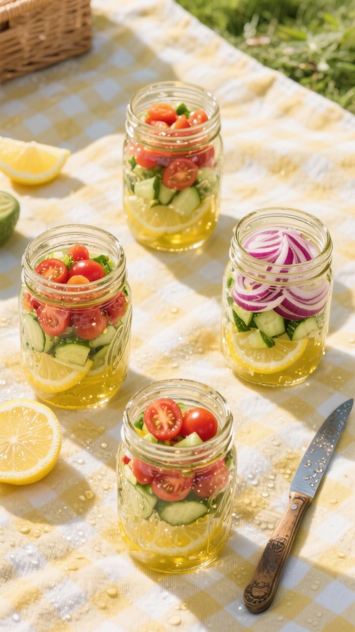 Overhead flat lay of a gingham blanket picnic scene featuring four quart-size mason jar salads layered to look like lemonade: bottom layer of shimmering lemon vinaigrette (olive oil, lemon juice, honey), followed by halved cherry tomatoes, diced cucumber, and thin-sliced red onion; bright, sunlit, with lemon wedges and a vintage picnic knife nearby, condensation on jars for freshness, no people.