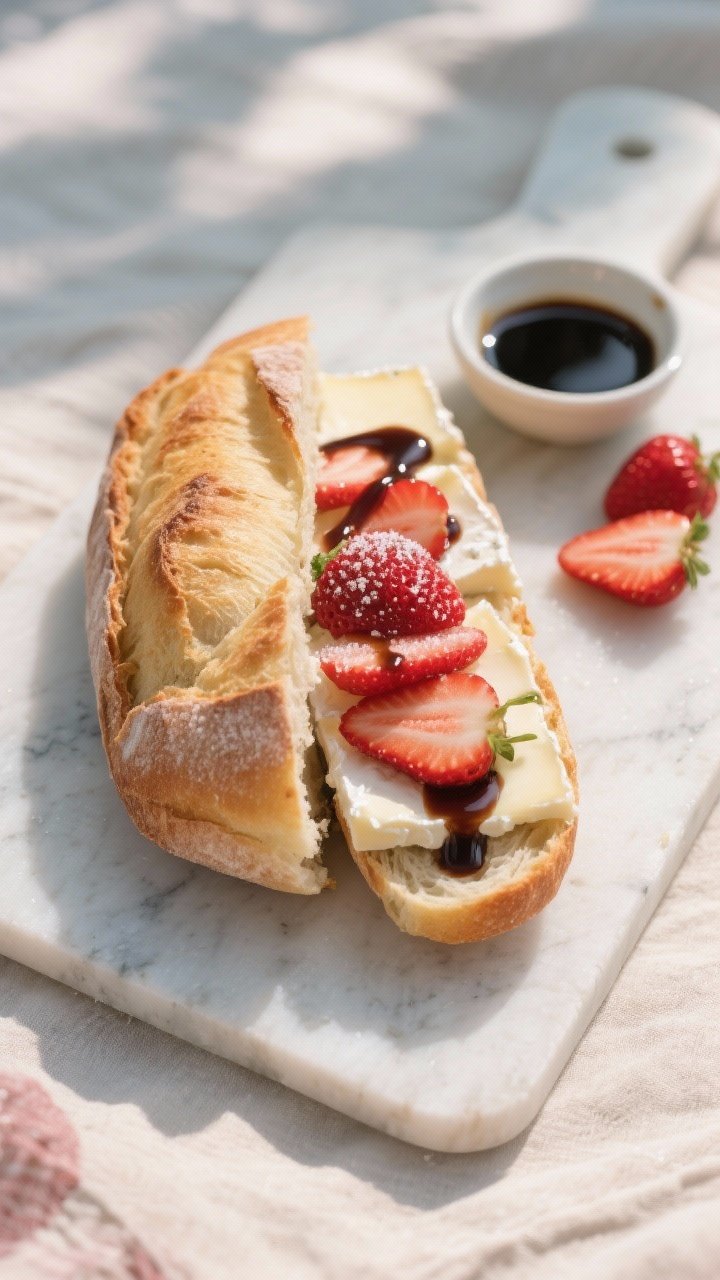 Overhead flat lay of a halved crusty baguette layered with thin slices of triple-cream brie, sugared sliced strawberries, and a glossy drizzle of balsamic glaze, set on a pale stone board with extra balsamic in a tiny dish and a few loose strawberry hulls; focus on the contrast of creamy brie, ruby berries, and crusty bread, romantic picnic mood, natural window light, no people.