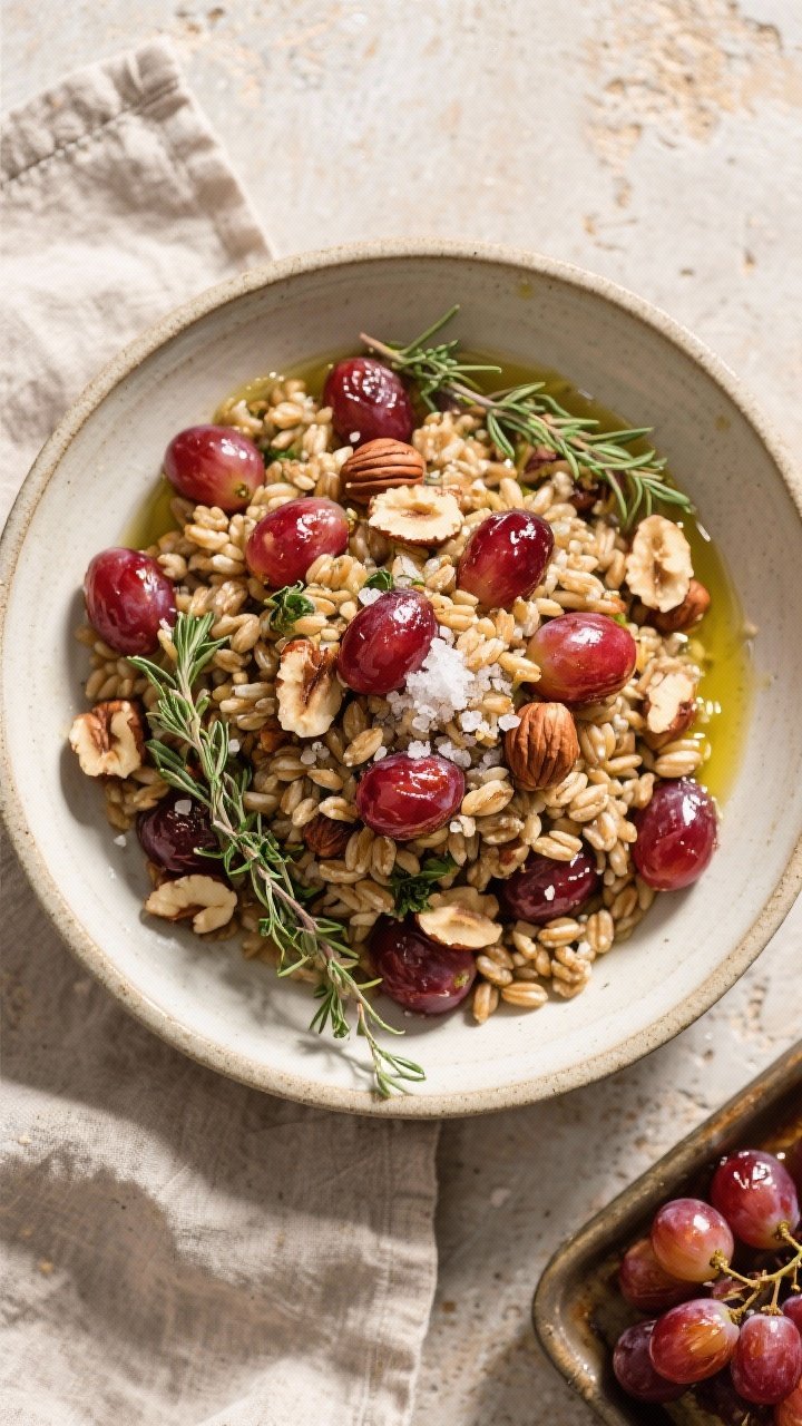 Overhead flat lay of a harvest grain salad in a wide, shallow ceramic bowl: glossy roasted red grapes with thyme, chewy farro grains, and roughly chopped toasted hazelnuts; drizzle of olive oil catching the light, a sprinkle of kosher salt; a small side dish of extra thyme, a tray of just-roasted grapes in the corner; neutral linen and stone surface for autumn warmth.