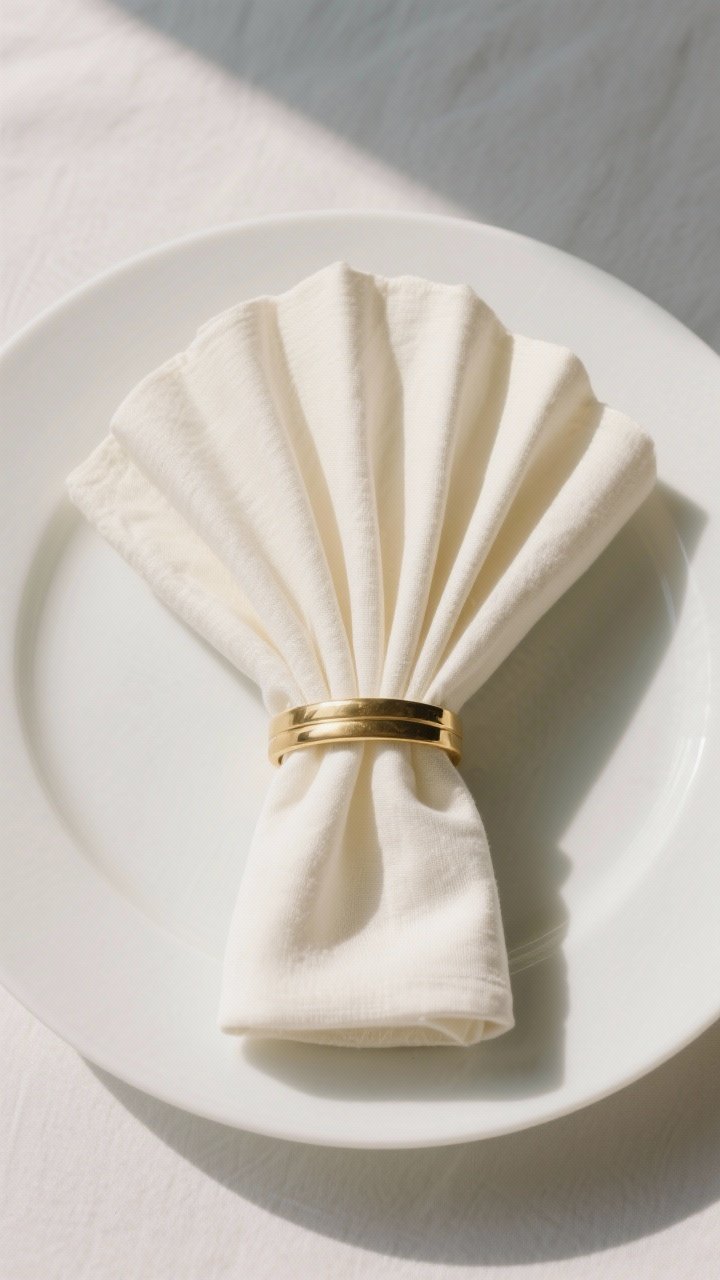 Overhead flat lay of a Lotus Fan napkin fold in ivory linen, fanned wide and secured with a simple brass napkin ring; presented centered on a flat white plate, with radial pleats catching light; minimalist tabletop styling, gentle side shadows to emphasize intention and structure.