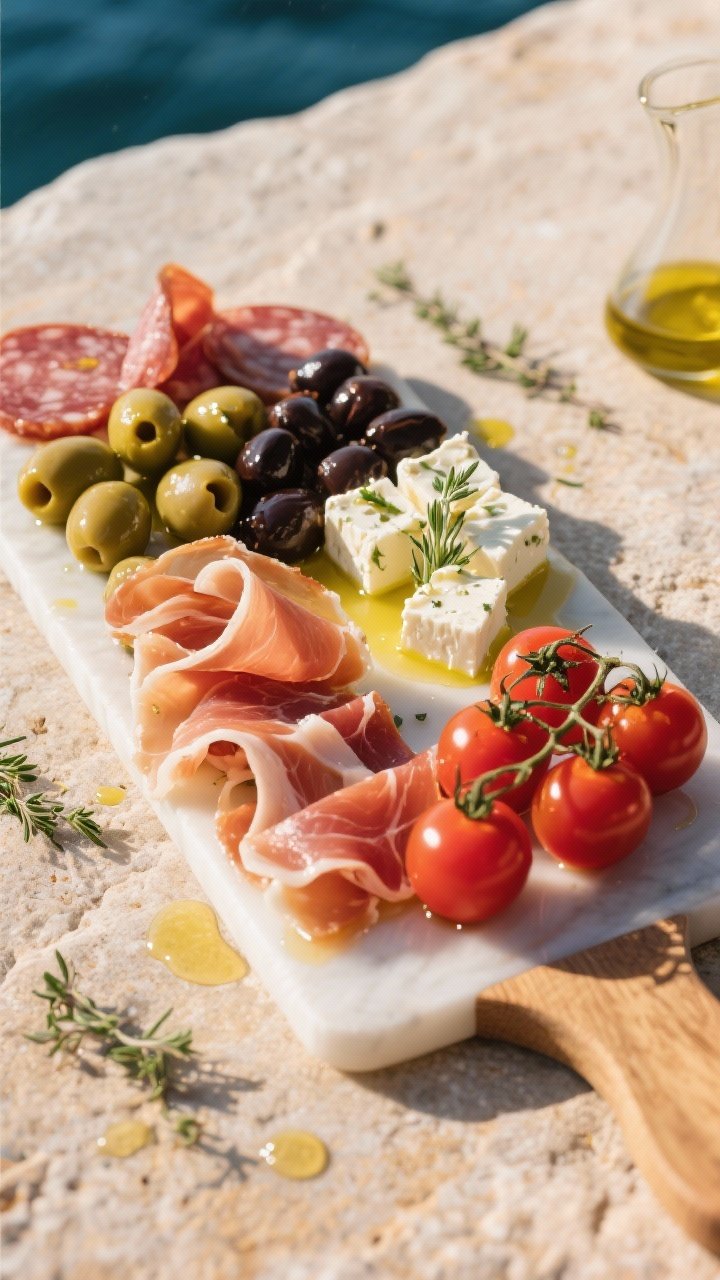 Overhead flat lay of a Mediterranean charcuterie board on a sunlit stone surface: ribbons of sliced prosciutto and soppressata, marinated feta cubes glistening in olive oil with herbs, a mix of Castelvetrano and Kalamata olives, and glossy cherry tomatoes; include small olive oil drips, scattered oregano, and a warm, coastal color palette, styled minimalist and appetizing, no people.