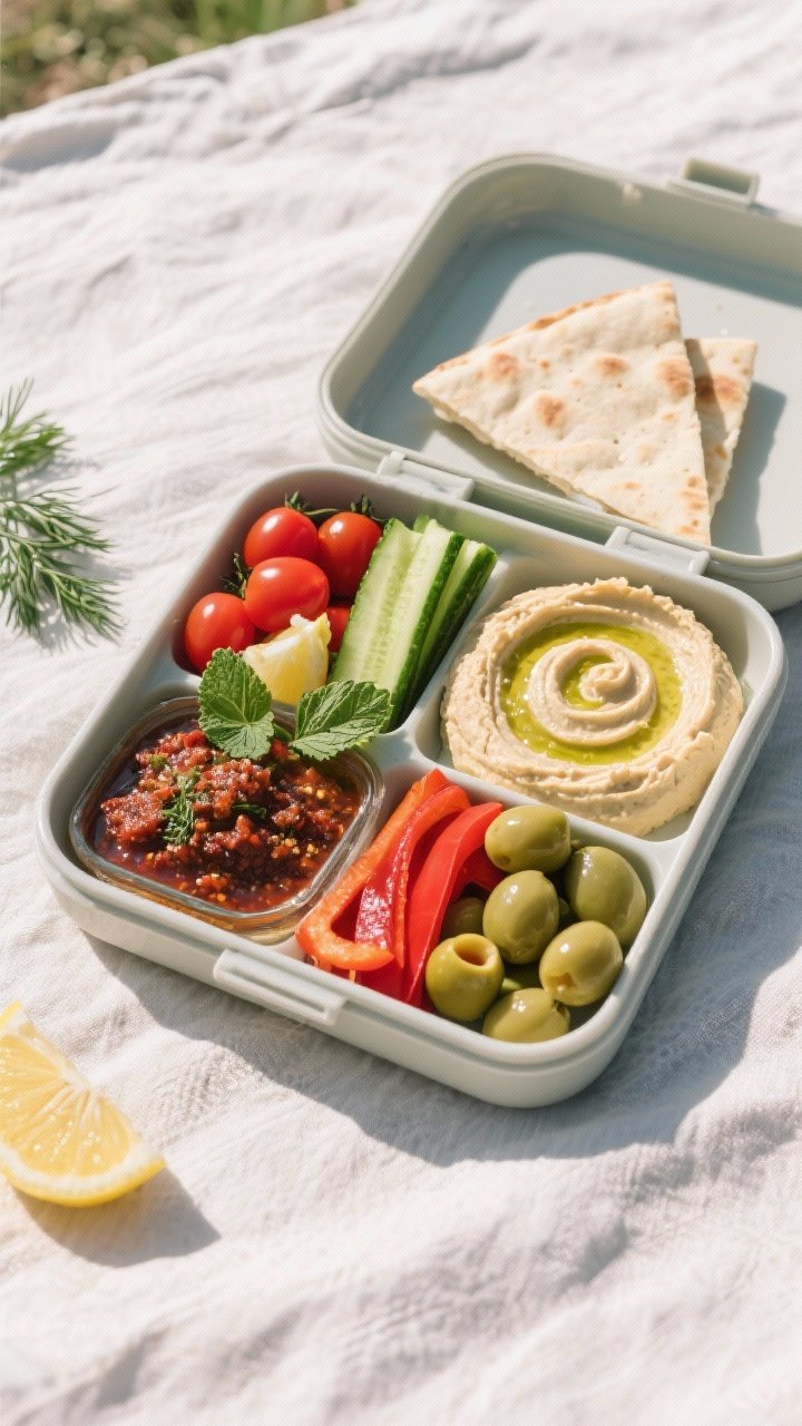 Overhead flat lay of a no-cook Mediterranean mezze board arranged in a travel-friendly bento-style container: creamy hummus, swirled tzatziki, glossy olive tapenade, clusters of cherry tomatoes, cucumber spears, red bell pepper strips, and mixed pitted olives. Add lemon wedges and a few sprigs of dill and mint for freshness, with pita triangles tucked into a separate compartment. Clean, minimalist picnic vibe on a light linen cloth, bright natural light, crisp textures and vibrant reds/greens contrasting with pale dips.