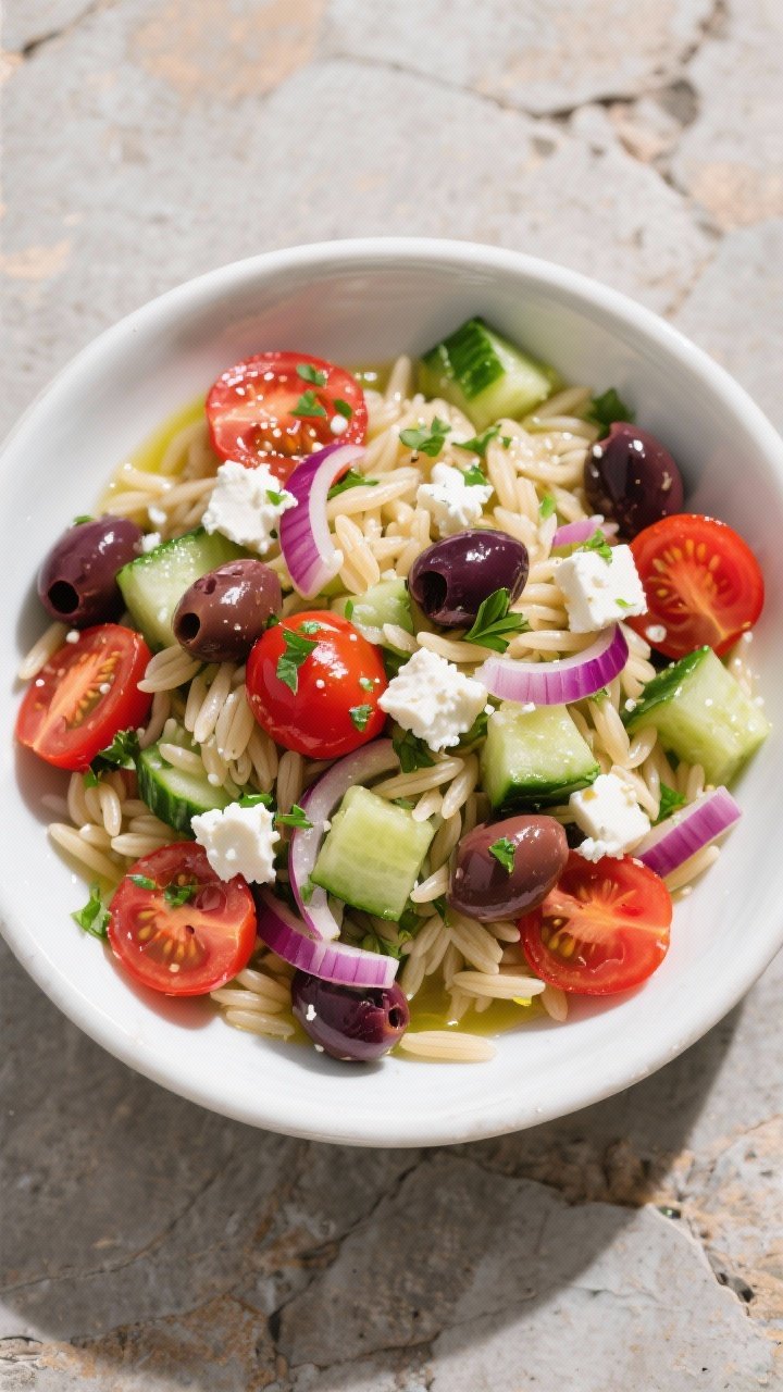 Overhead flat lay of a Rails-To-Trails Greek Orzo Salad: al dente orzo tossed with halved cherry tomatoes, diced English cucumber, thinly sliced red onion, Kalamata olives, crumbled feta, and chopped fresh herbs, glistening with a light olive oil dressing, styled in a wide white bowl on stone surface, vibrant reds, greens, and purples contrasted against white feta.