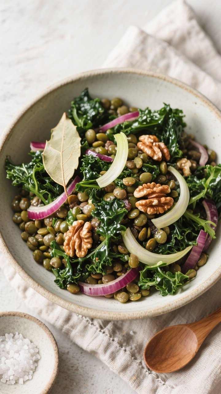 Overhead flat lay of a smoky lentil and kale salad: earthy French green lentils studded with a bay leaf, chopped lacinato kale with crinkled texture, thin ribbons of fennel and red onion, and toasted walnut halves; lightly dressed to glisten, with a subtle smoky hue; served in a wide ceramic bowl on a linen napkin, with a small dish of flaky salt and a wooden spoon.