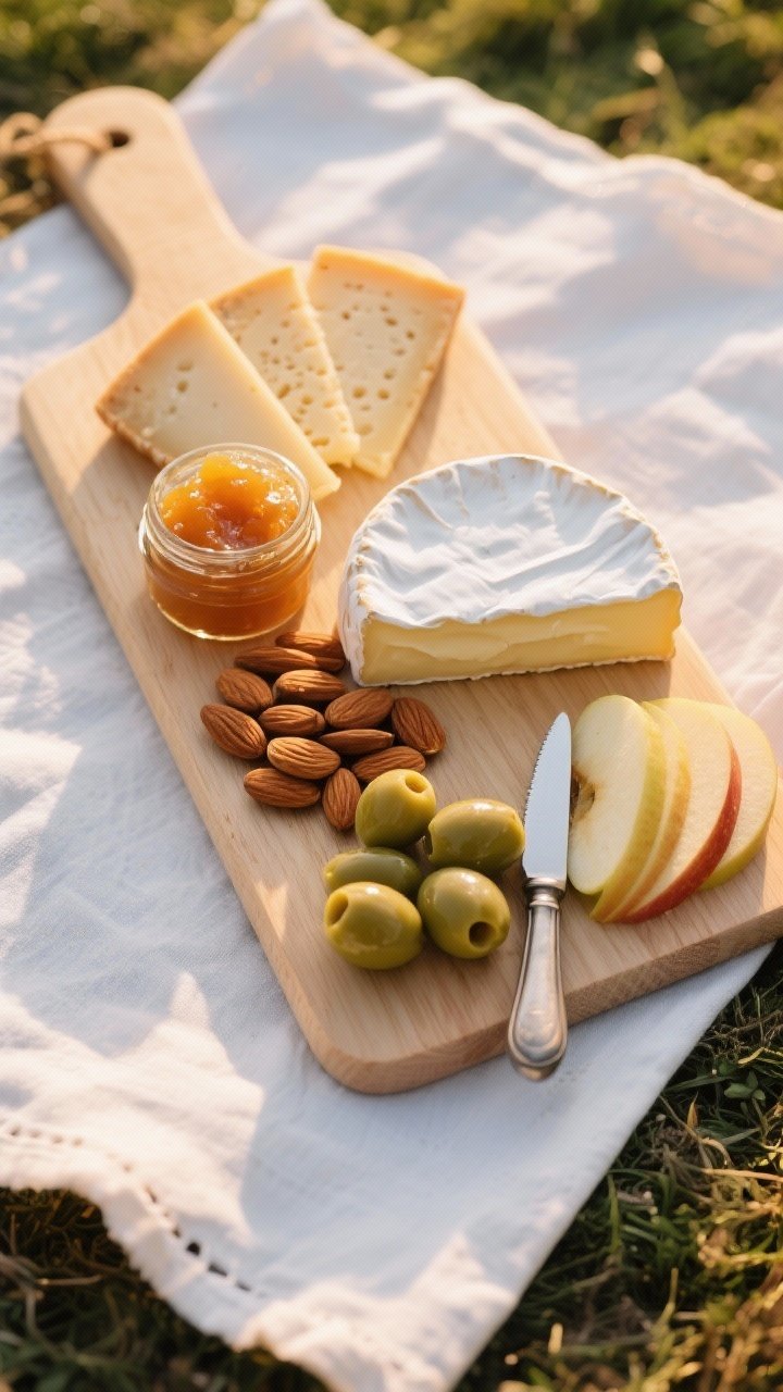 Overhead flat lay of a sparkling welcome cheese board on a light wood picnic board: aged Manchego slices fanned, a creamy wedge of triple-cream Brie at room temp oozing slightly, neat piles of Marcona almonds and glossy Castelvetrano olives (drained), a small open jar of quince paste with a petite knife, and thinly sliced crisp apple fanned; soft golden sunset light, minimal props, clean linen napkin, no people, elegant estate picnic mood.