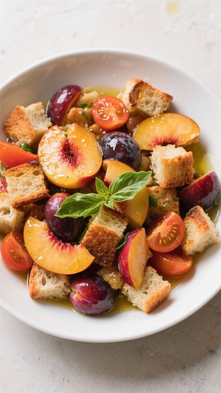 Overhead flat lay of a vibrant stone fruit panzanella: toasted sourdough/ciabatta cubes glistening with olive oil tossed with sliced peaches, plums, nectarines, and halved cherry tomatoes; juicy colors of orange, ruby, and gold; served in a wide white bowl with a few torn basil leaves and a light sheen on the bread to suggest soak and crunch.