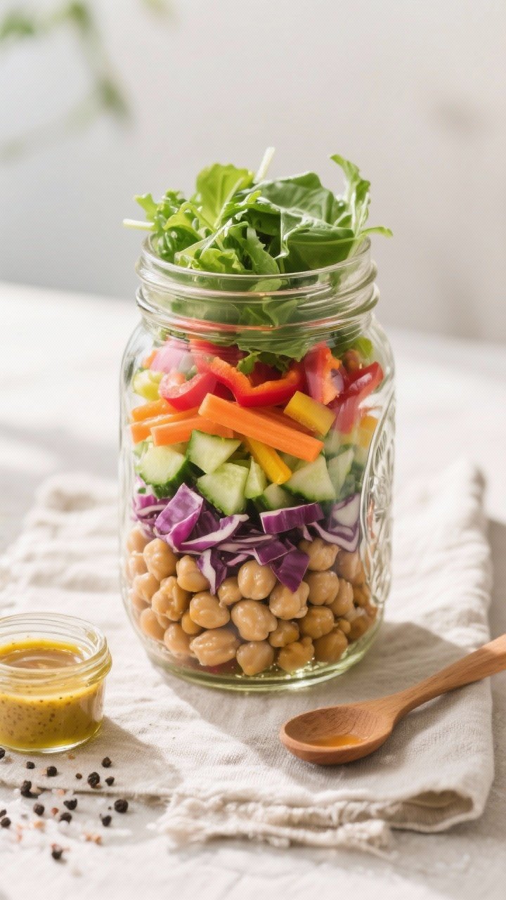 Overhead flat lay of a zero-waste rainbow crunch salad layered in a clear mason jar: bottom layer of olive oil, apple cider vinegar, Dijon mustard, maple syrup, sea salt and black pepper vinaigrette, followed by cooked chickpeas, chopped crunchy veggies in rainbow order (carrots, red cabbage, cucumber, bell peppers), and leafy greens on top; bright, natural light on a linen cloth with a small jar of extra dressing and a wooden spoon nearby, crisp textures emphasized.
