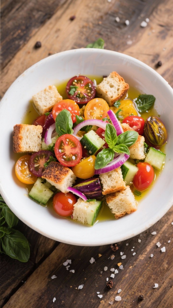 Overhead flat lay of an Italian heirloom tomato panzanella in a wide white ceramic bowl: 1-inch cubes of day-old crusty bread soaked in juices, chunks of multicolored heirloom tomatoes, halved cherry tomatoes, chopped English cucumber, thin slivers of red onion, torn basil leaves scattered right in; olive oil sheen, coarse salt, black pepper; rustic wood table, vibrant summer colors.