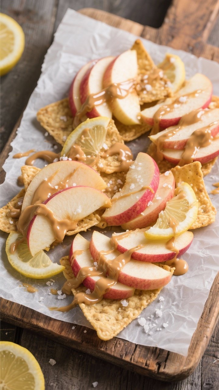 Overhead flat lay of apple nachos: fanned thin slices of Honeycrisp and Pink Lady apples lightly tossed with lemon juice, generously drizzled with a silky peanut butter-honey mixture thinned with warm water, and scattered with a pinch of sea salt; the gloss of the sauce contrasts with the crisp apple flesh; arranged on parchment over a rustic wooden board, minimal props for a snackable vibe.
