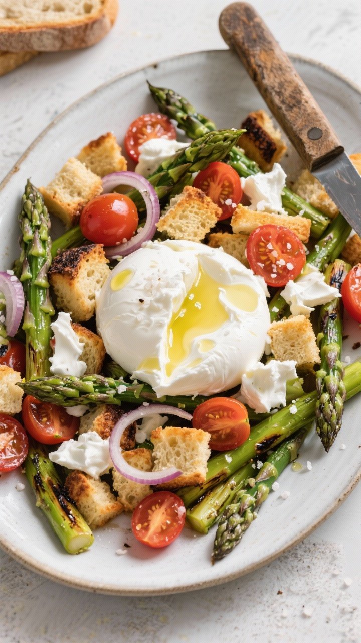 Overhead flat lay of asparagus panzanella with creamy burrata: charred asparagus segments, juicy halved cherry tomatoes, thinly sliced shallot, and golden-crisp sourdough cubes tossed together, torn burrata placed in creamy pools on top; drizzle of olive oil and flakes of sea salt visible; served in a wide, shallow platter with a rustic bread knife nearby.