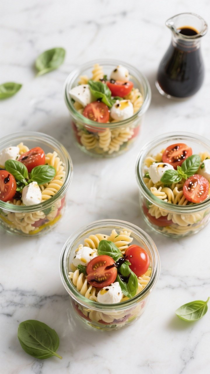 Overhead flat lay of Caprese pasta salad in individual glass jars: fusilli swirled with halved cherry tomatoes, fresh mozzarella pearls, torn basil, glistening with extra-virgin olive oil and a drizzle of balsamic; jars arranged on a marble surface with scattered basil leaves and a small carafe of balsamic nearby; clean, summery styling.