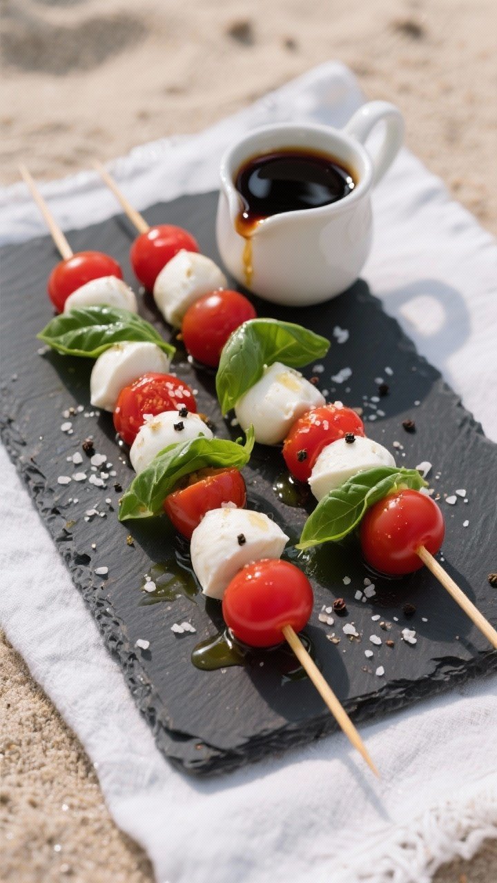 Overhead flat lay of Caprese skewers on a slate platter: mini mozzarella balls (ciliegine), cherry tomatoes, and fresh basil leaves threaded on short skewers, lightly glossed with olive oil, sprinkled with flaky sea salt and black pepper; a small pitcher mid-pour of glossy balsamic reduction drizzle; minimalist styling, high contrast reds, whites, and greens, beach picnic linen.