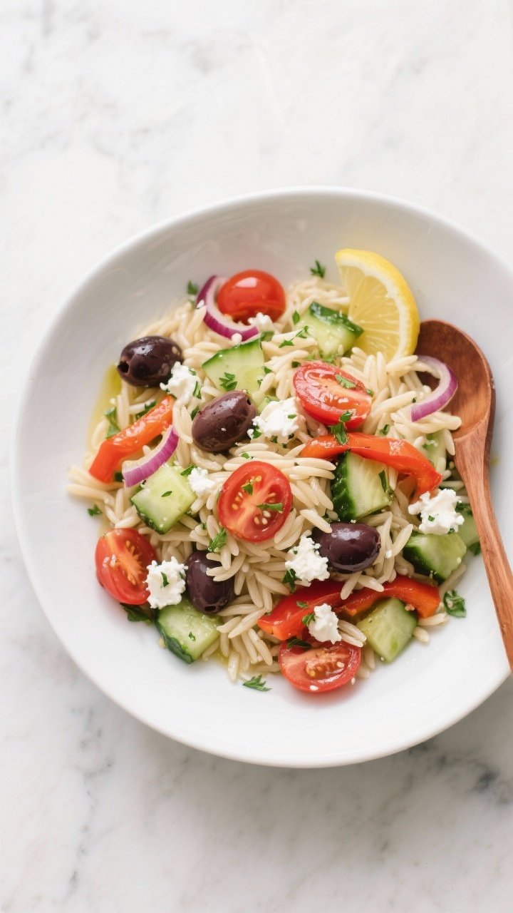 Overhead flat lay of Crunchy Greek Orzo Salad in a wide white bowl: tender orzo tossed with diced English cucumber, red bell pepper, finely chopped red onion, halved cherry tomatoes, Kalamata olives, and crumbled feta; a light sheen of olive oil and lemon scattered, herbs flecked throughout; crisp, colorful textures emphasized with a neutral marble surface and a wooden spoon to the side.