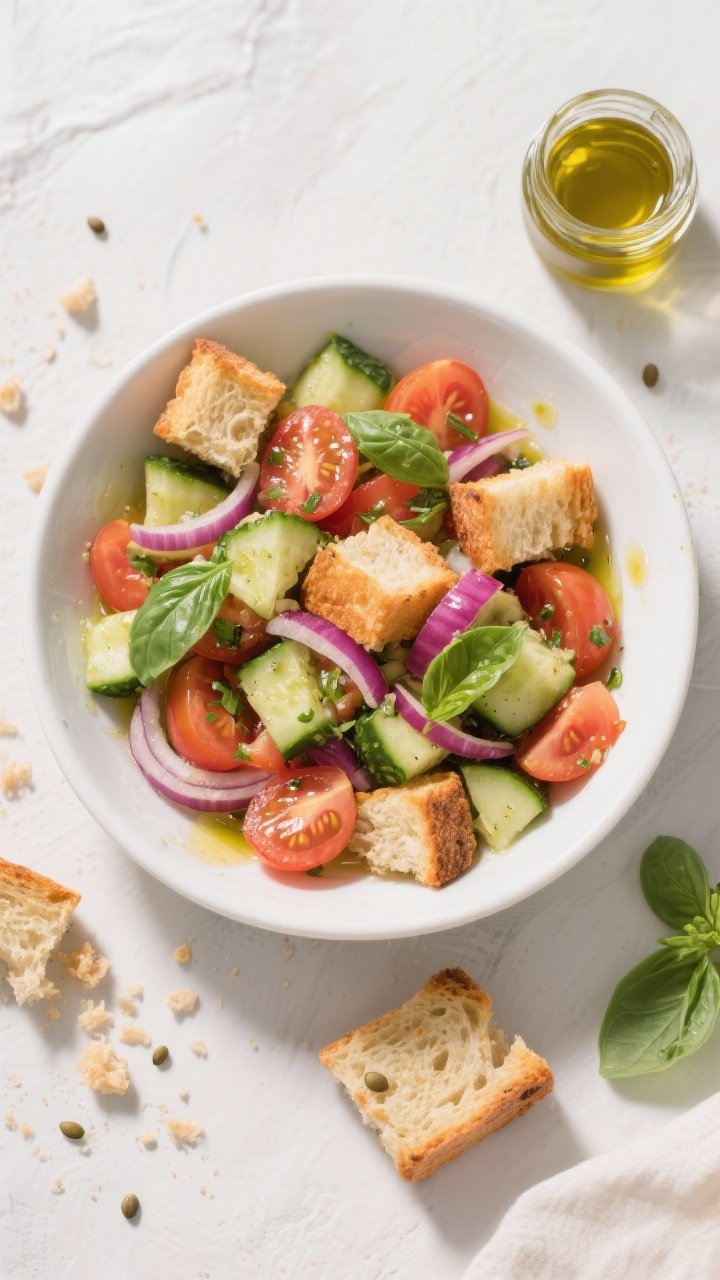 Overhead flat lay of crunchy picnic panzanella: day-old crusty bread cubes toasted in olive oil tossed with ripe chopped tomatoes, chopped cucumber, thinly sliced red onion, and torn basil in a wide white ceramic bowl; visible gloss from a tangy “river breeze” vinaigrette; crumbs and tomato seeds artfully scattered, extra olive oil and a small jar of vinaigrette nearby; rustic Italian summer palette.