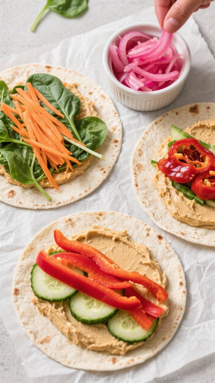 Overhead flat lay of crunchy veggie hummus wraps being assembled: tortillas spread with thick hummus (one classic, one roasted red pepper), layered with baby spinach, shredded carrots, thin cucumber slices, and red bell pepper strips; a ramekin of vibrant pink pickled onions ready to add; neat, colorful rows on parchment, fresh and crisp textures.