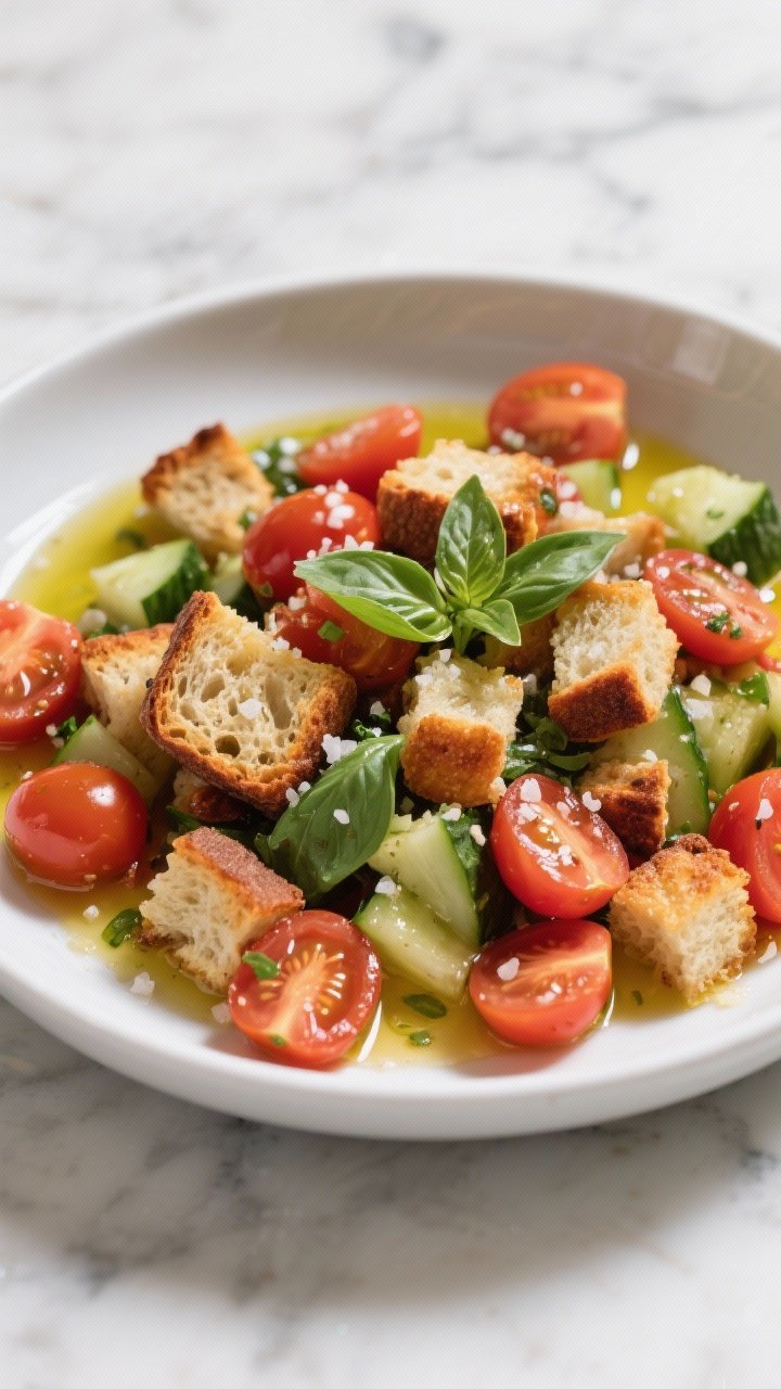Overhead flat lay of farmer’s market panzanella: torn rustic loaf cubes toasted to bouncy, not mushy perfection, mingling with halved cherry tomatoes, chunky ripe tomatoes, chopped cucumber, and torn basil; glistening with olive oil and tomato juices, finished with flaky salt and a drizzle of more oil; served in a wide white bowl on a marble surface.