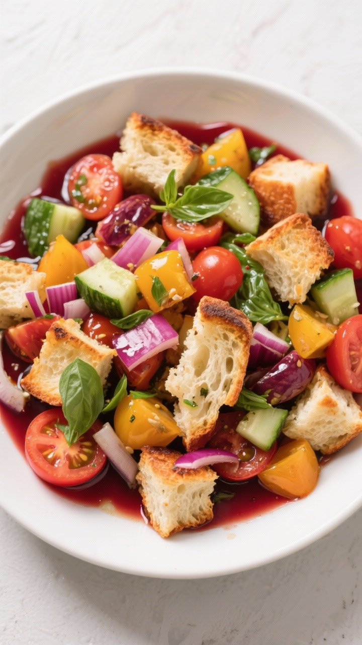 Overhead flat lay of heirloom tomato panzanella: chunks of day-old toasted ciabatta tossed with a rainbow of chopped heirloom tomatoes, diced cucumber, thinly sliced red onion, and torn basil; glossy red wine vinaigrette clinging to bread edges; juices pooling slightly at the bottom of a wide white bowl; vibrant color story, summer-fresh, appetizing bread crunch visible.