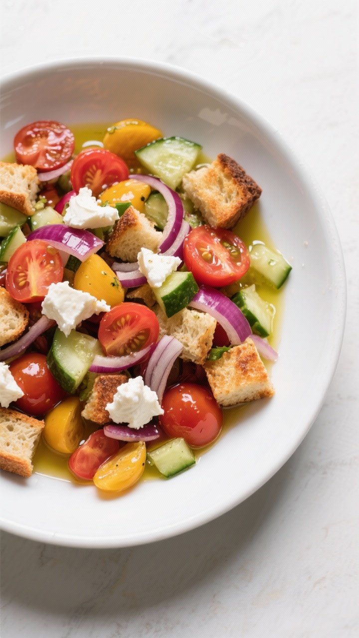 Overhead flat lay of heirloom tomato panzanella in a wide white ceramic bowl: chunky day-old rustic bread cubes toasted in olive oil, mixed with chopped multi-colored heirloom tomatoes, thinly sliced red onion, and chopped English cucumber; torn mozzarella scattered on top, final gloss of olive oil; vibrant reds, yellows, greens with juicy tomato puddles; minimal props to showcase freshness.