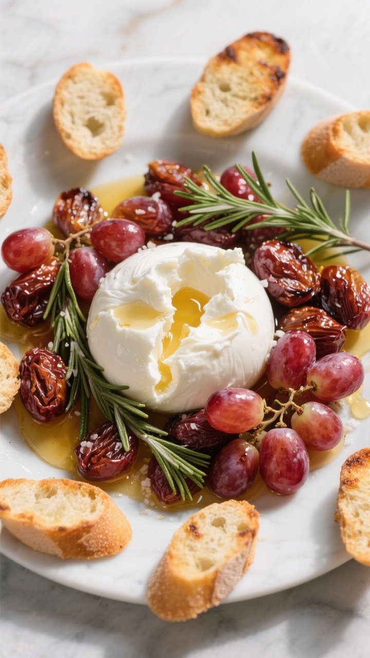 Overhead flat lay of honeyed burrata with roasted grapes: burst, wrinkled red grapes roasted with olive oil, honey, rosemary, and a pinch of salt, nestled around a creamy ball of burrata torn open; rosemary crostini (toasted baguette rounds) arranged along the perimeter; extra honey drizzle catching the light.