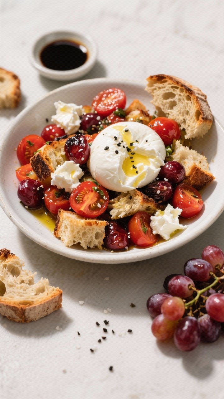 Overhead flat lay of Jewel-Tone Panzanella: torn day-old crusty bread, roasted red grapes glistening with olive oil, cherry tomatoes, and creamy burrata torn into clouds, all tossed with balsamic and a sprinkle of kosher salt and black pepper in a wide white ceramic bowl; extra roasted grapes and a small balsamic dish around; saturated jewel colors, textural contrast of crunchy bread and soft cheese.