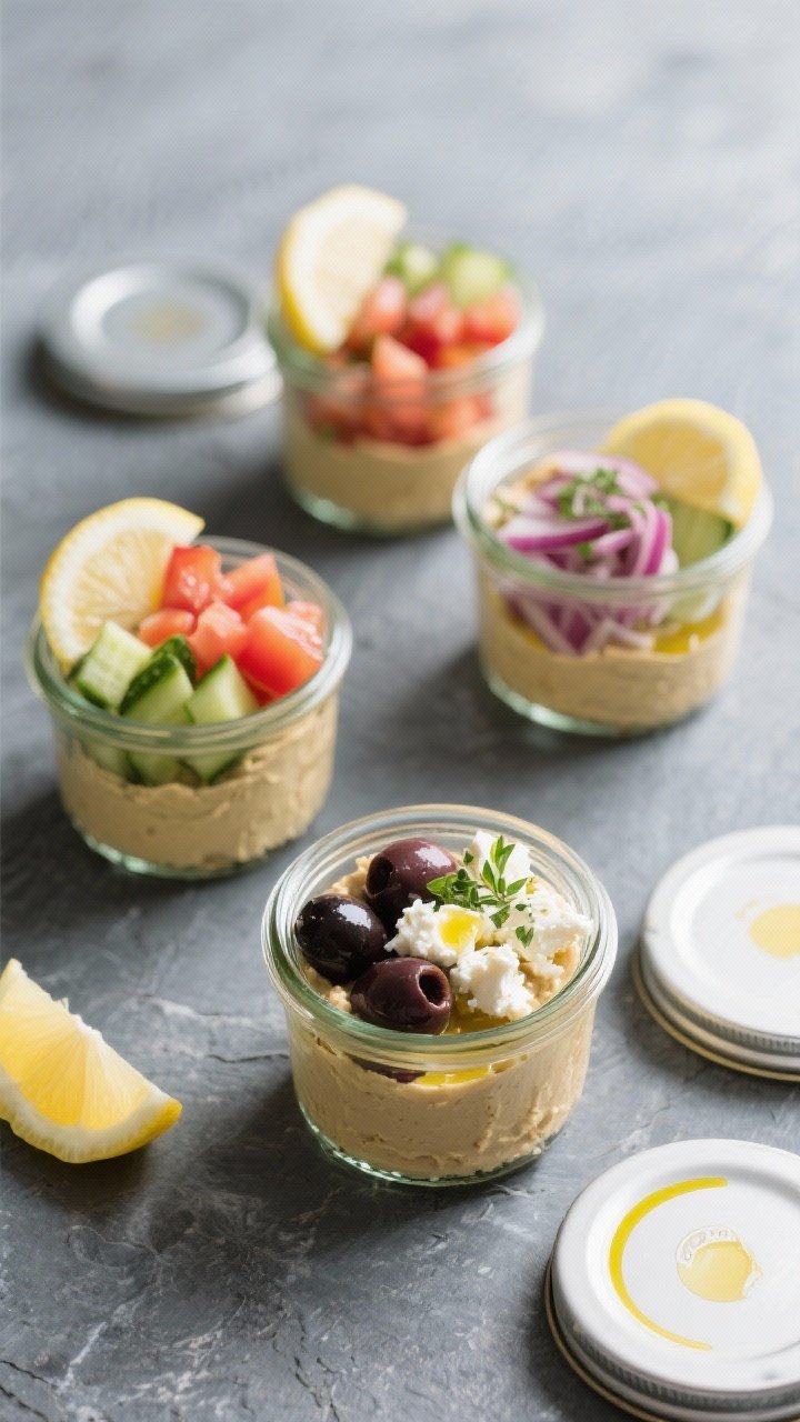 Overhead flat lay of mason jar mezze cups: clean layers of hummus at the base, then diced cucumbers, seeded diced tomatoes, diced red onion, chopped Kalamata olives, crumbled feta, and a sprinkle of herbs and a drizzle of olive oil on top; lids nearby, arranged on a cool slate surface with lemon wedges for brightness.