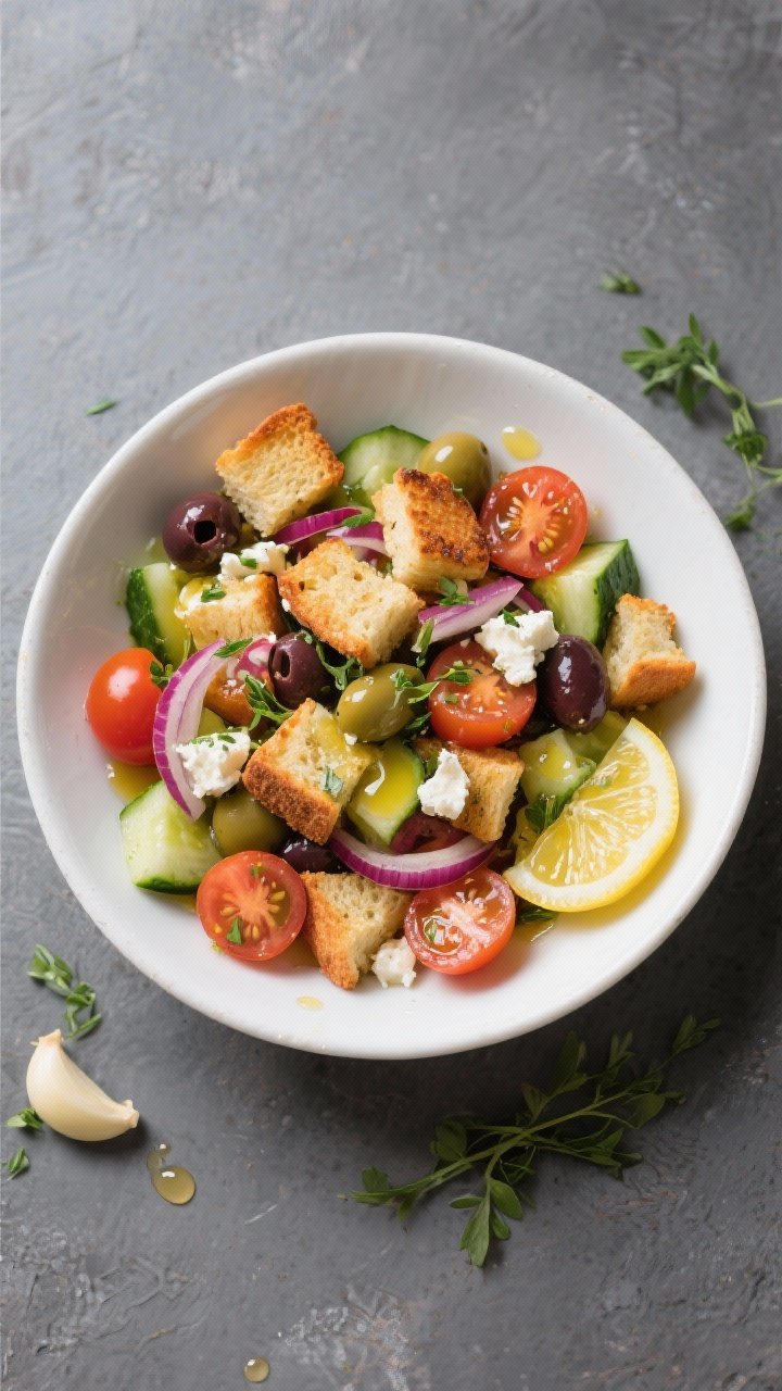 Overhead flat lay of Mediterranean breakfast panzanella in a wide white bowl: toasted olive-oil-tossed bread cubes mingled with halved cherry tomatoes, chopped cucumber, thin red onion slivers, and briny accents of olives and feta; lemon-garlic vinaigrette just poured, micro pools glistening; scattered fresh herbs, bright and crunchy.